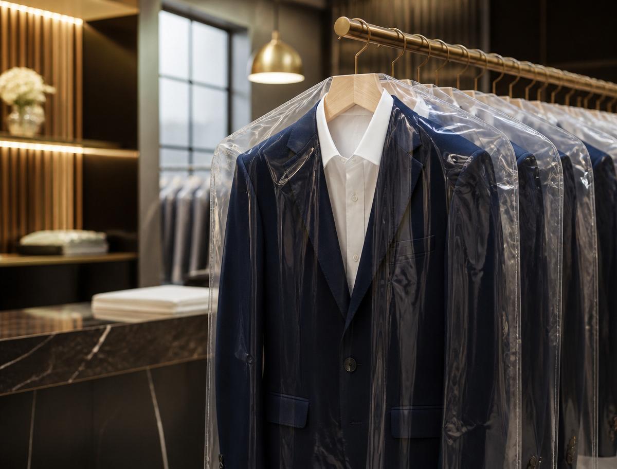 Navy suits and white shirts in garment bags on a brass rail