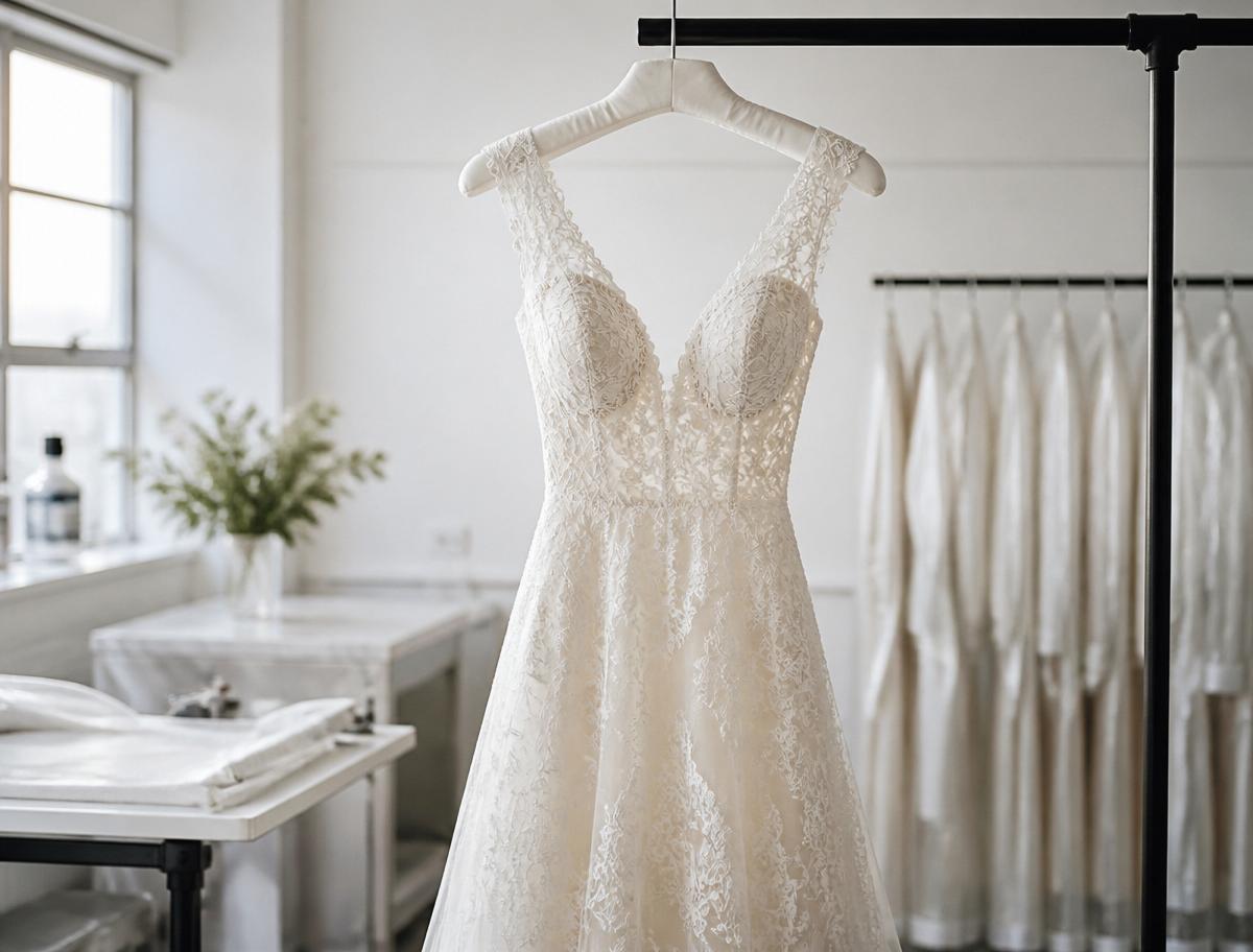 Ivory lace wedding dress hanging in a bright garment care atelier